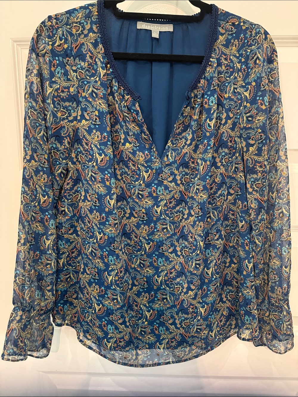 Daniel Rainn Blue Paisley V-Neck Sheer Long-Sleeve Blouse